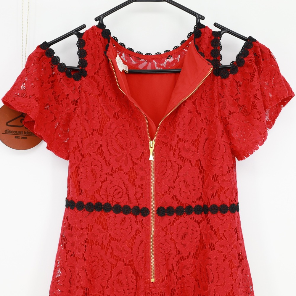 Kate Spade Girls‎ Red Floral Lace Cold Shoulder Dress Black Trim Size 12 Elegant - Picture 4 of 9